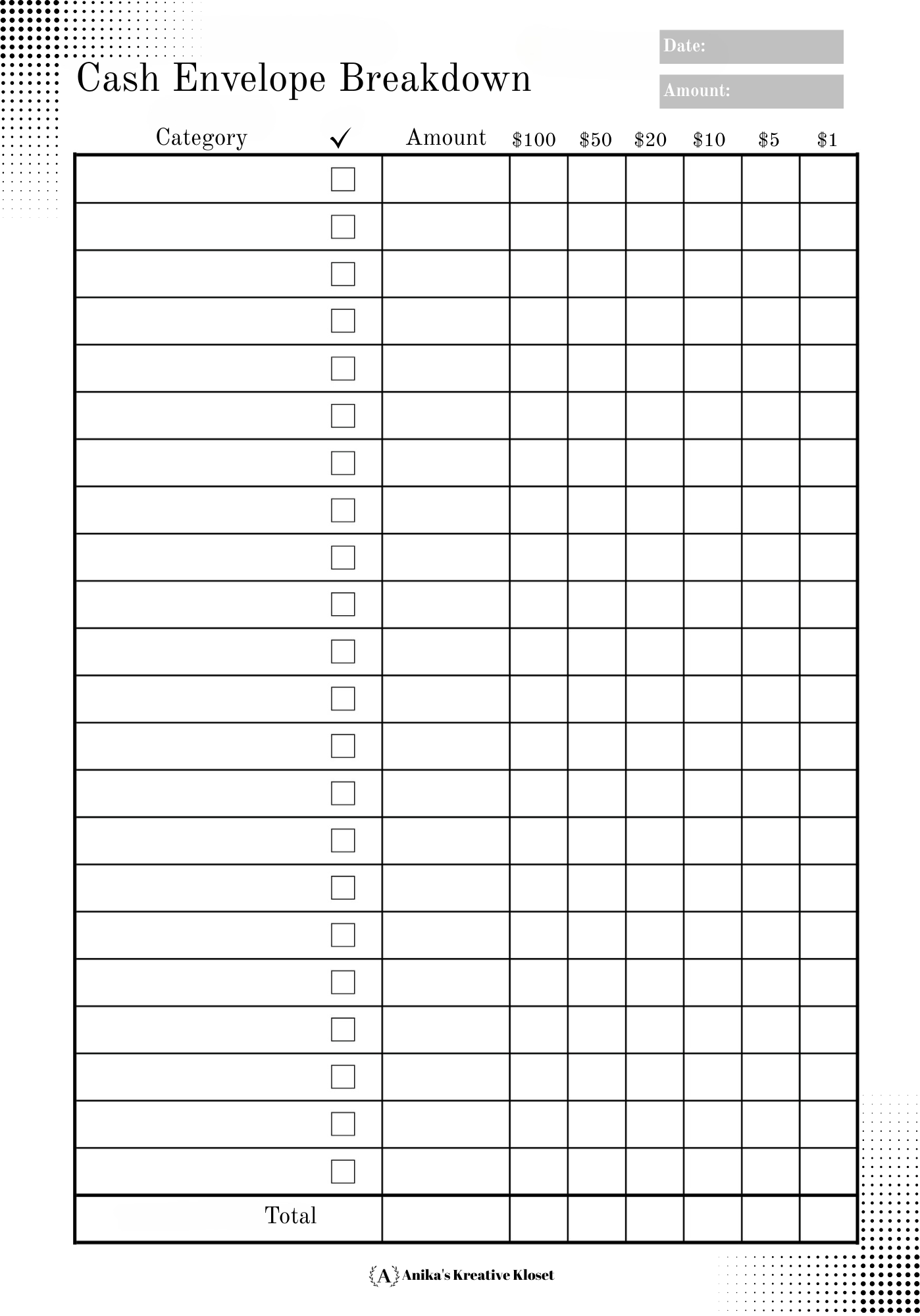 Cash Envelope Breakdown Notepad