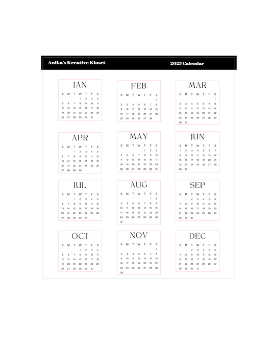 2025 Mini Monthly Square Stickeers