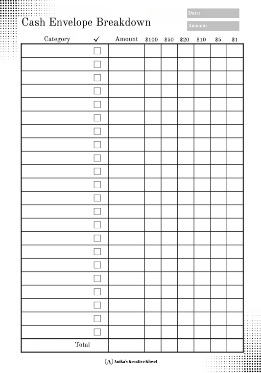 Cash Envelope Breakdown Notepad