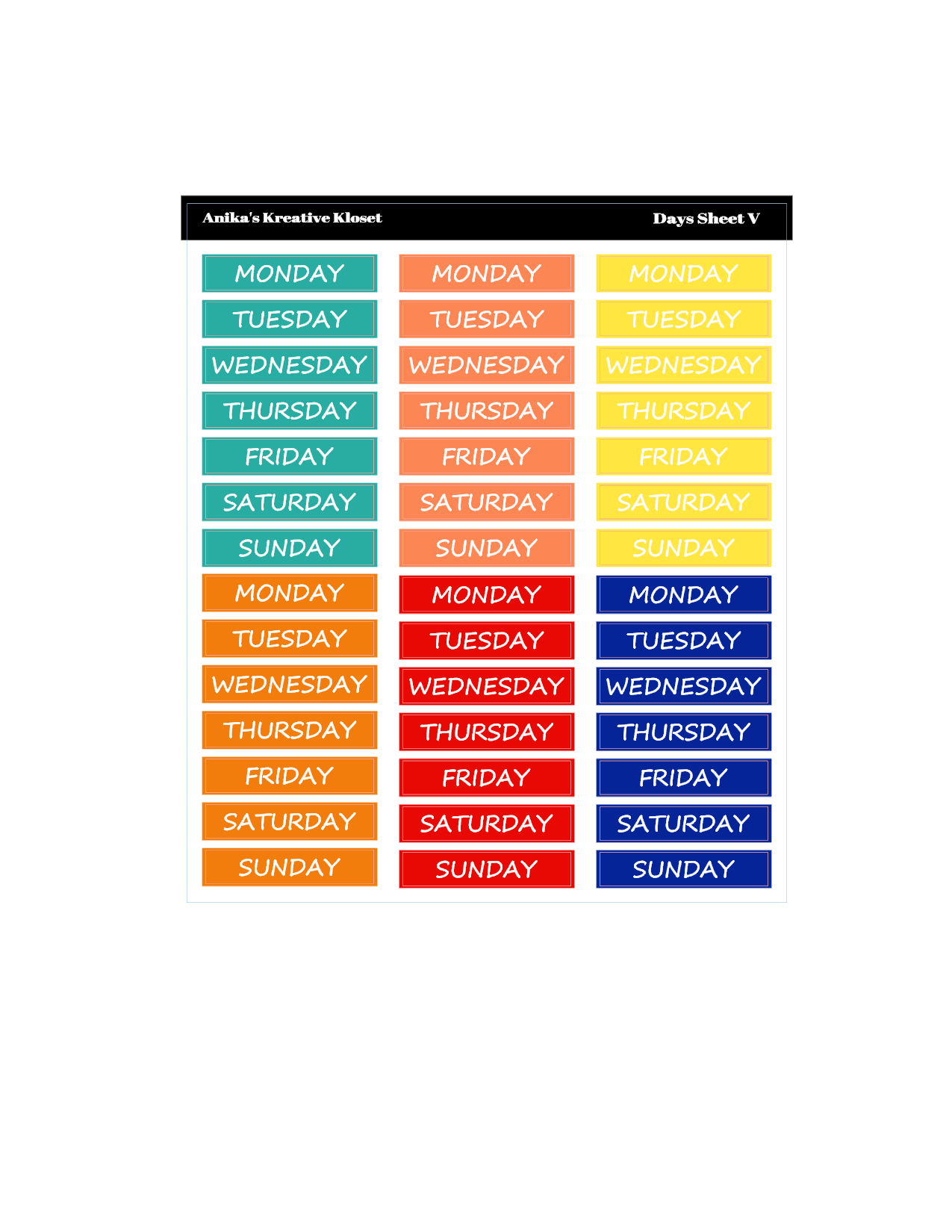 The Colorful Story: Days of the Week V