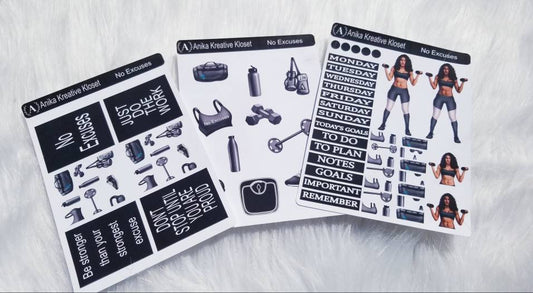 Fitness Stickers|No Excuses|3-Page Sticker kit